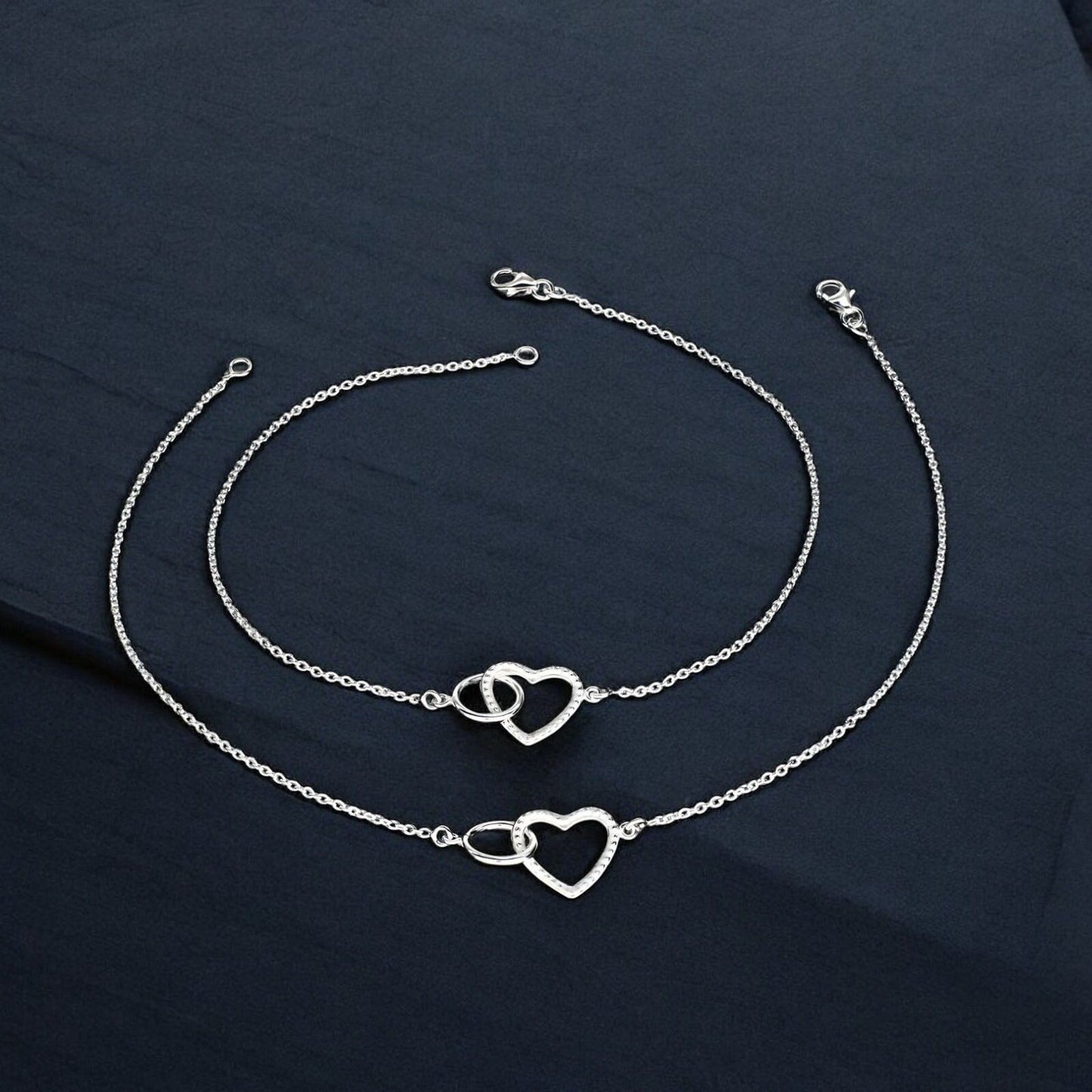 925 Sterling Silver girlish gorgeous Mini Heart Bracelet Chain Anklet Pair 10.3"