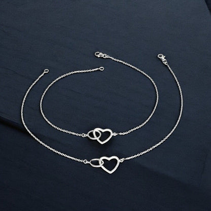 925 Sterling Silver girlish gorgeous Mini Heart Bracelet Chain Anklet Pair 10.3"