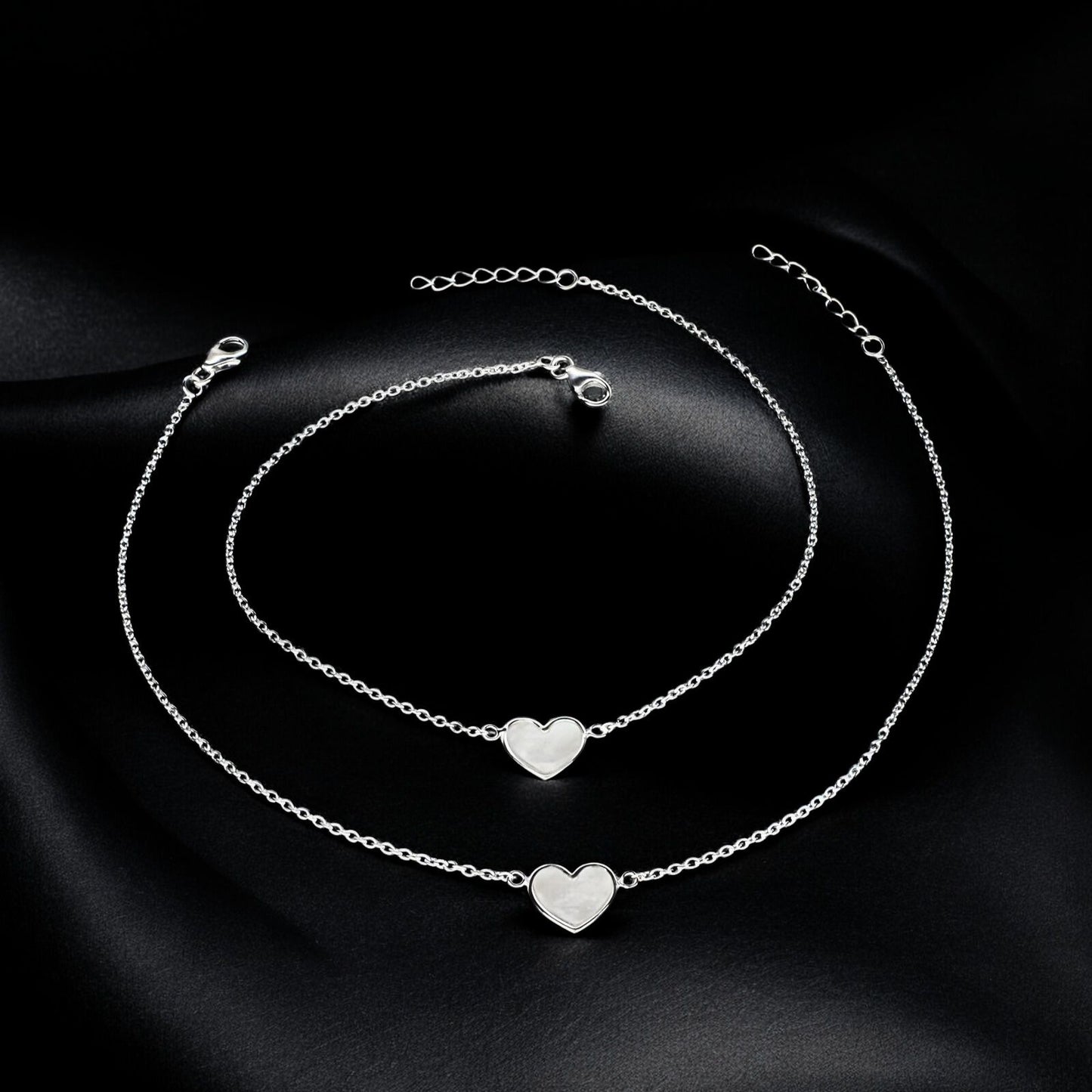 925 Sterling Silver girlish Dainty heart charm beach wear foot Anklet Pair 10.5"