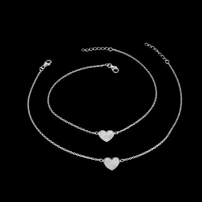 925 Sterling Silver girlish Dainty heart charm beach wear foot Anklet Pair 10.5"