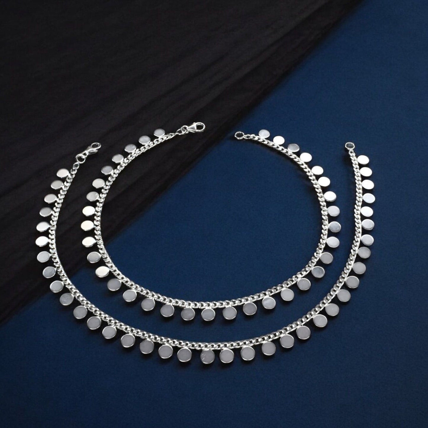 Beach wear 925 Sterling Silver girlish round shaped mini Coin Anklet Pair 10.3"