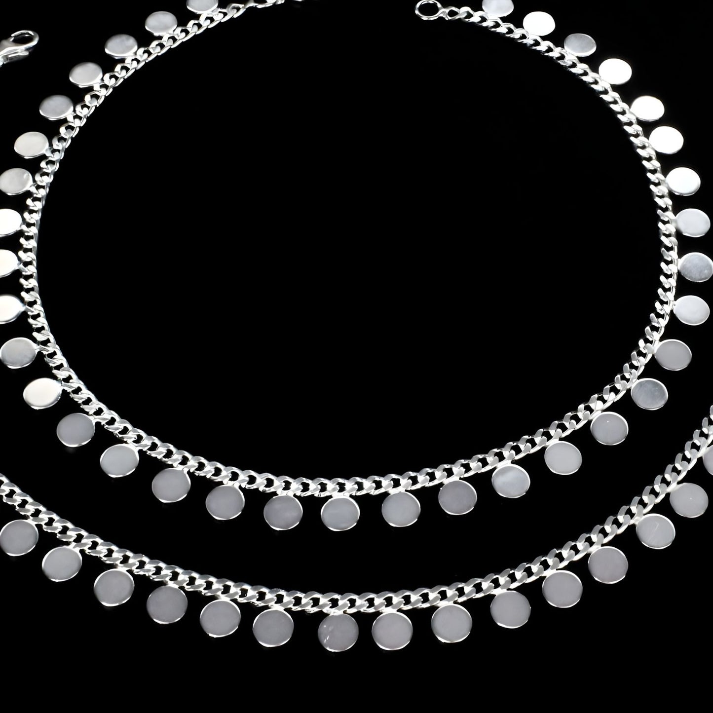 Beach wear 925 Sterling Silver girlish round shaped mini Coin Anklet Pair 10.3"