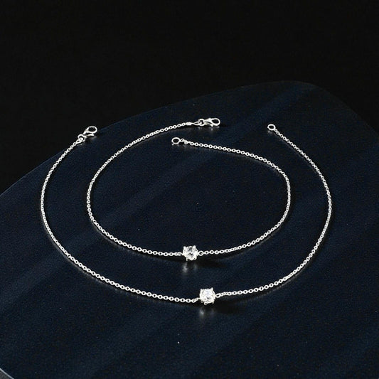 Gorgeous 925 Sterling Silver girlish White CZ Chain Anklet Pair 10.3"