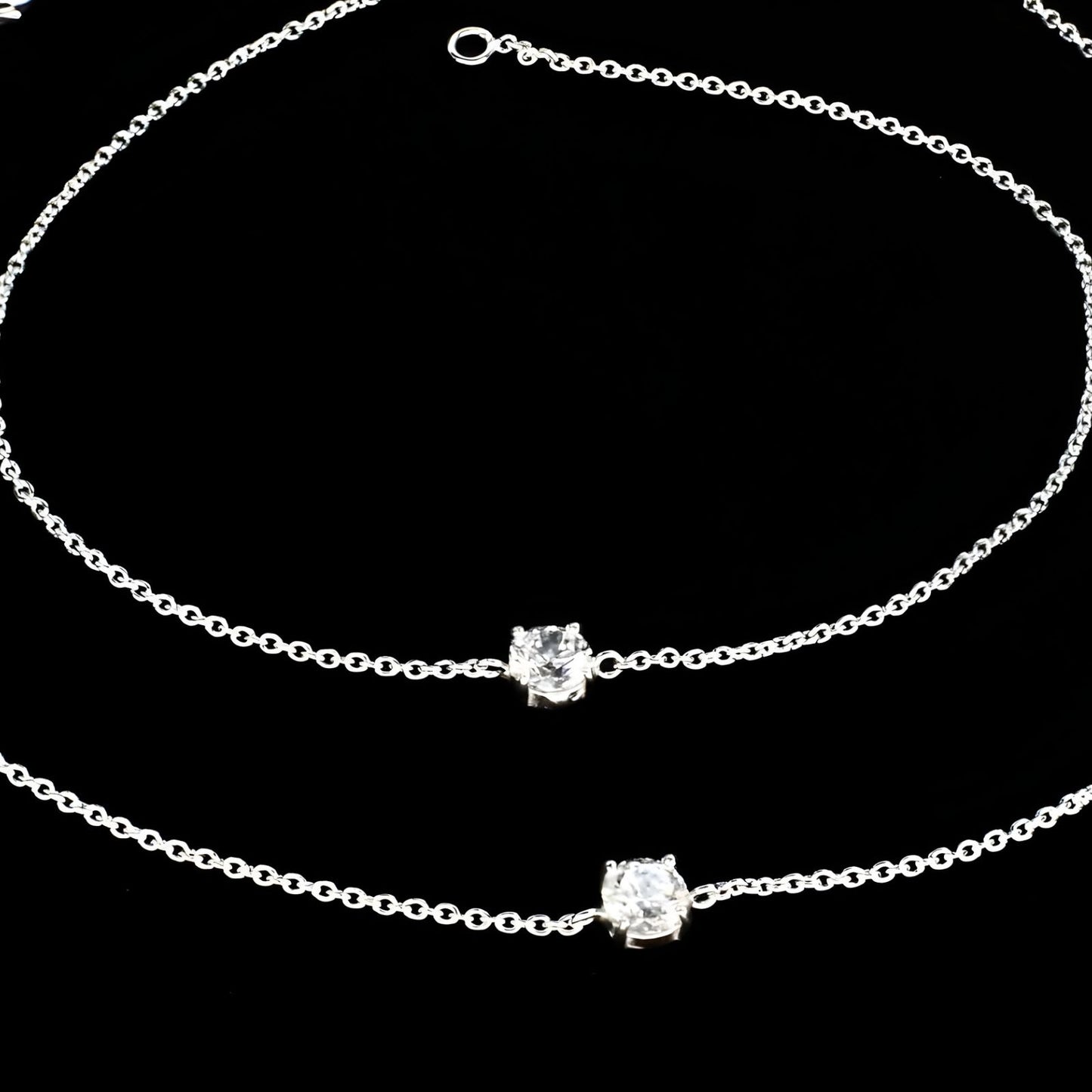 Gorgeous 925 Sterling Silver girlish White CZ Chain Anklet Pair 10.3"