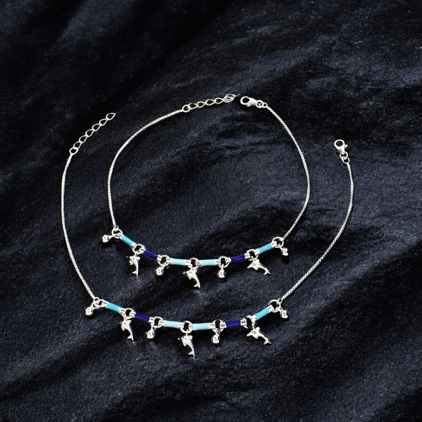 925 Sterling Silver girlish dangle Dolphins charms payal Anklet Pair 10.4"