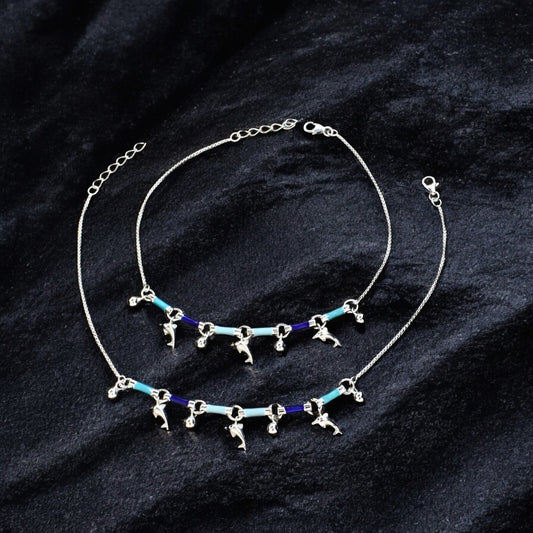 925 Sterling Silver girlish dangle Dolphins charms payal Anklet Pair 10.4"