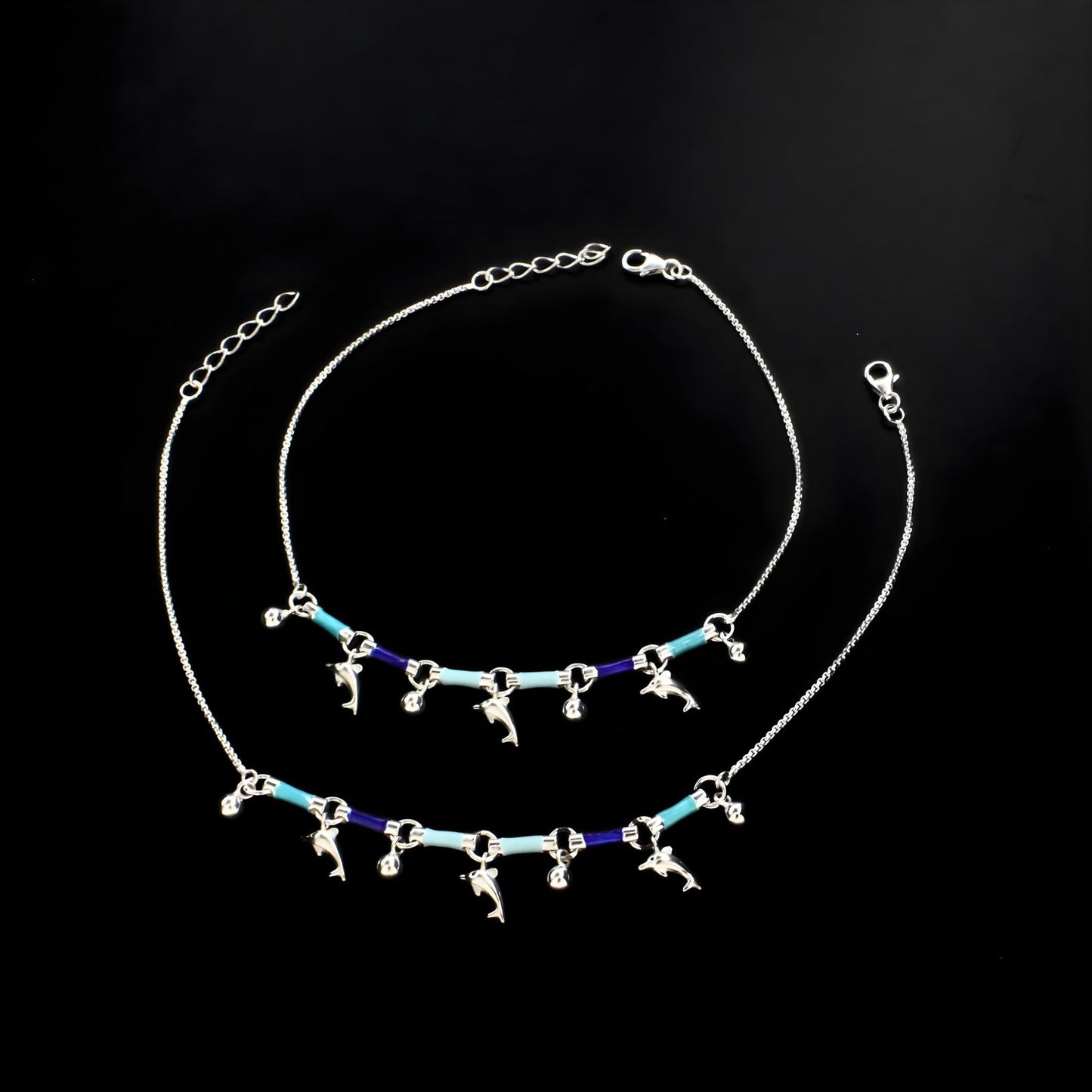 925 Sterling Silver girlish dangle Dolphins charms payal Anklet Pair 10.4"