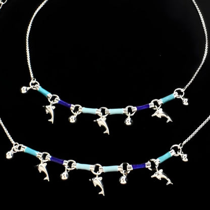 925 Sterling Silver girlish dangle Dolphins charms payal Anklet Pair 10.4"