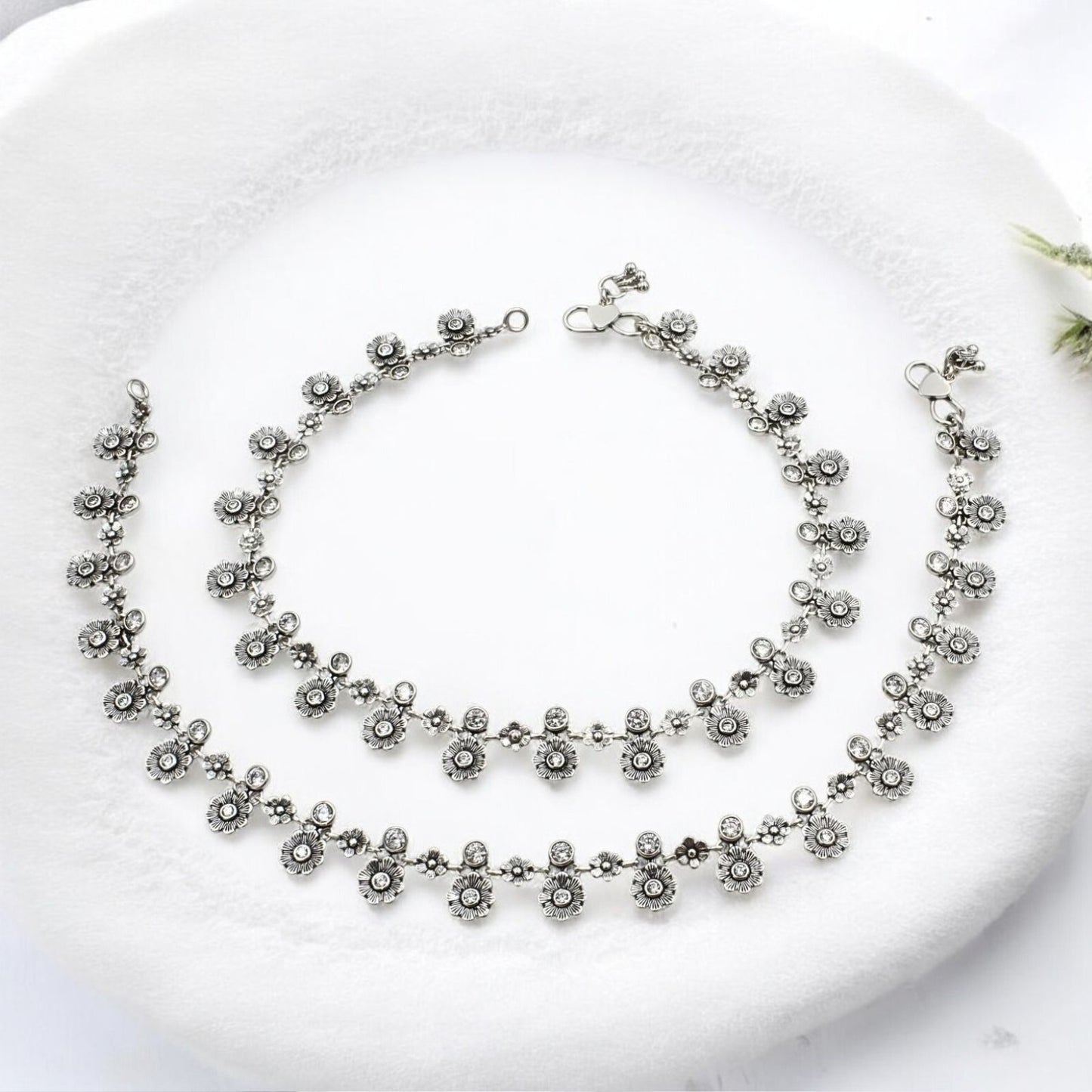 925 Sterling Silver White CZ Oxidised flower design pajeb Anklet Pair 10.5"