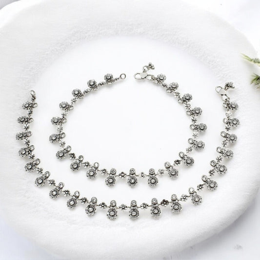 925 Sterling Silver White CZ Oxidised flower design pajeb Anklet Pair 10.5"