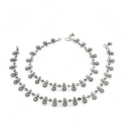 925 Sterling Silver White CZ Oxidised flower design pajeb Anklet Pair 10.5"