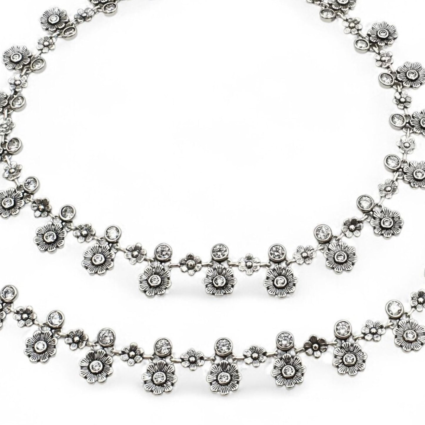 925 Sterling Silver White CZ Oxidised flower design pajeb Anklet Pair 10.5"