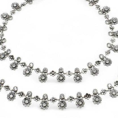 925 Sterling Silver White CZ Oxidised flower design pajeb Anklet Pair 10.5"