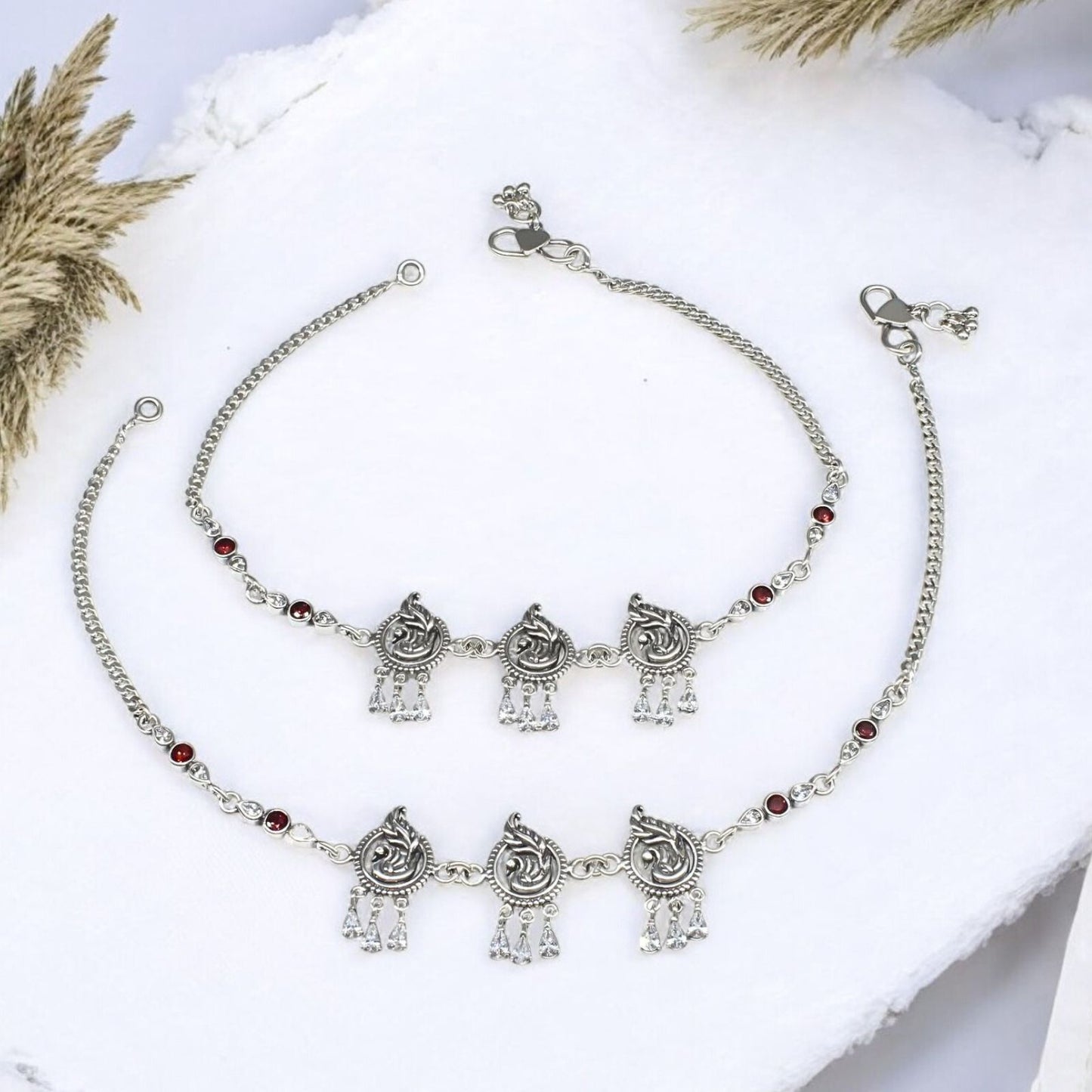 925 Sterling Silver women Orange White CZ Oxidised peacock payal Anklet Pair 10.3"