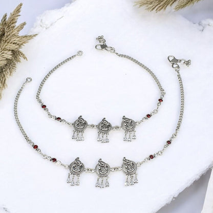 925 Sterling Silver women Orange White CZ Oxidised peacock payal Anklet Pair 10.3"