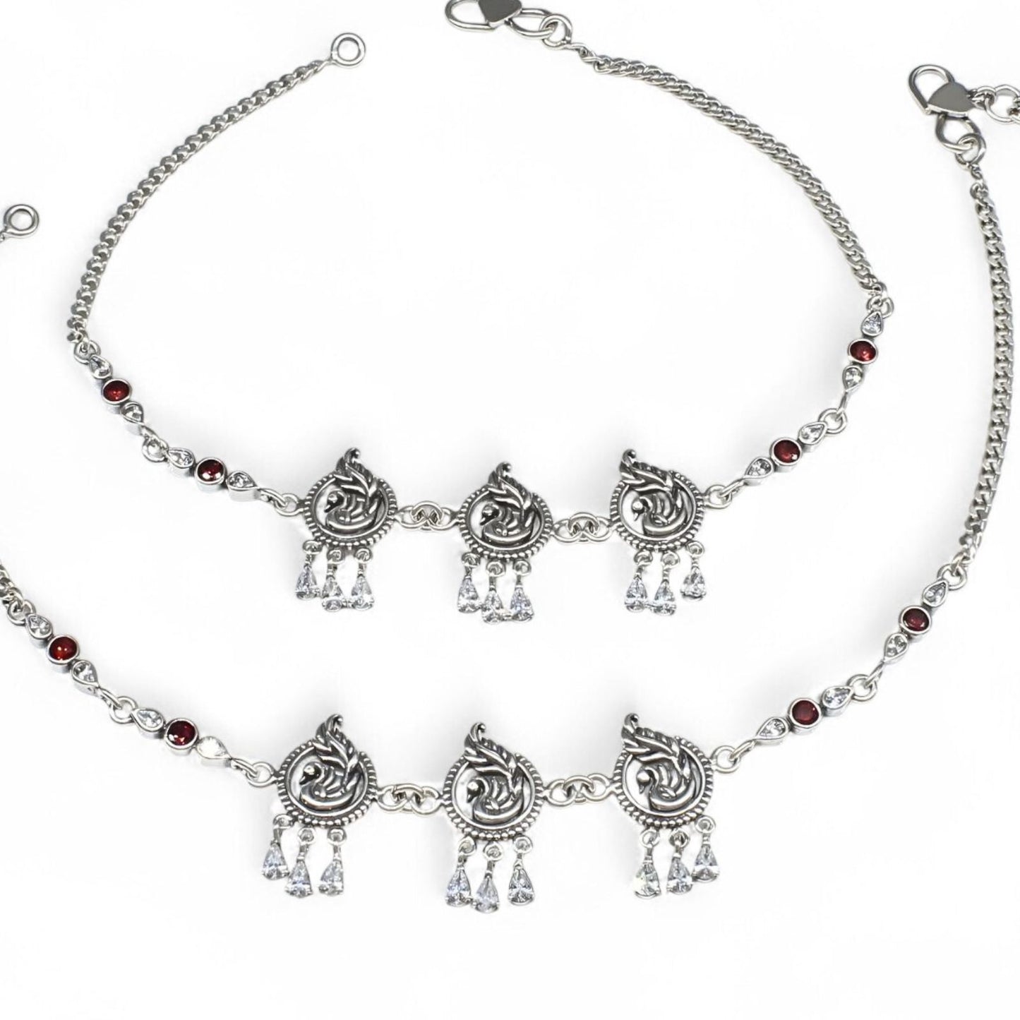 925 Sterling Silver women Orange White CZ Oxidised peacock payal Anklet Pair 10.3"