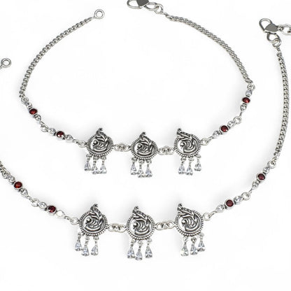 925 Sterling Silver women Orange White CZ Oxidised peacock payal Anklet Pair 10.3"
