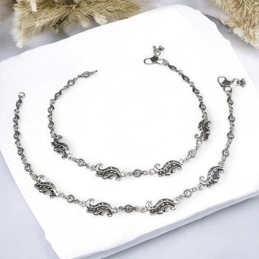 Boho style 925 Sterling Silver white CZ Oxidised women payal Anklet Pair 10.3"