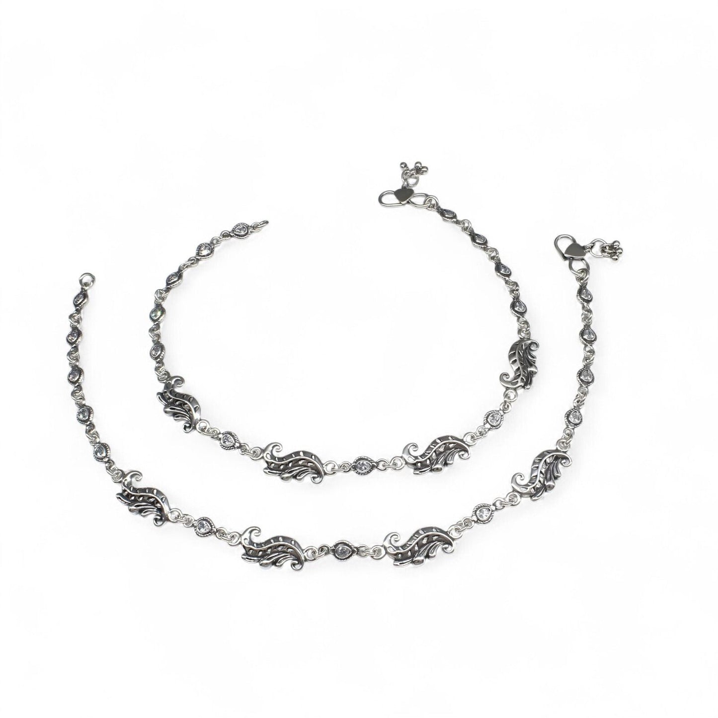 Boho style 925 Sterling Silver white CZ Oxidised women payal Anklet Pair 10.3"