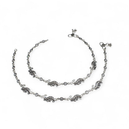 Boho style 925 Sterling Silver white CZ Oxidised women payal Anklet Pair 10.3"