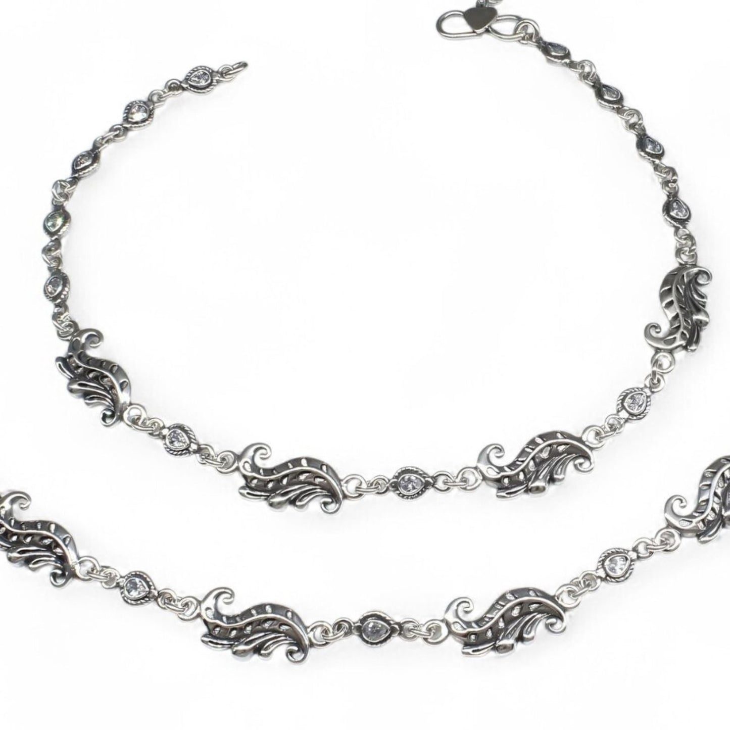 Boho style 925 Sterling Silver white CZ Oxidised women payal Anklet Pair 10.3"