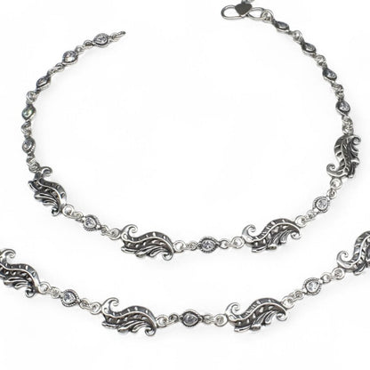 Boho style 925 Sterling Silver white CZ Oxidised women payal Anklet Pair 10.3"