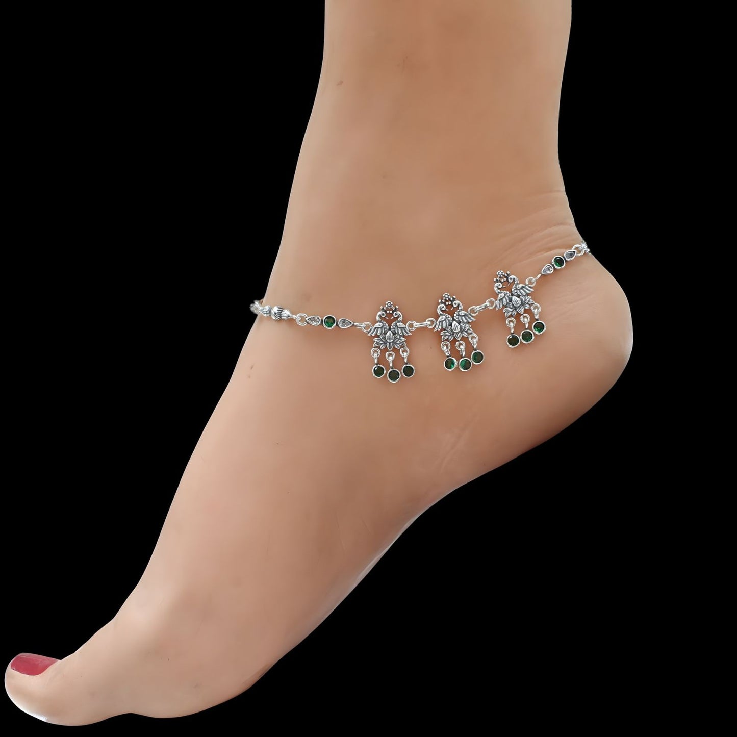 Peacock design jhanjhar 925 Sterling Silver Green white CZ Oxidised women Anklet Pair 10.5"
