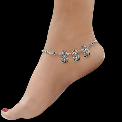 Peacock design jhanjhar 925 Sterling Silver Green white CZ Oxidised women Anklet Pair 10.5"