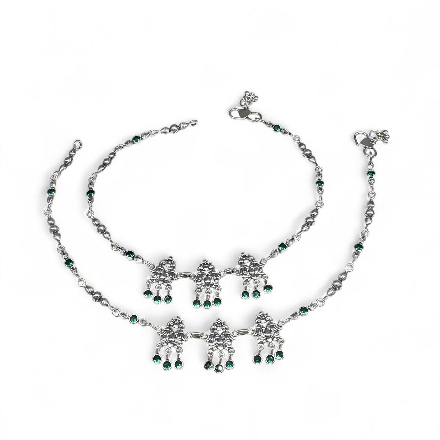 Peacock design jhanjhar 925 Sterling Silver Green white CZ Oxidised women Anklet Pair 10.5"