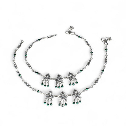 Peacock design jhanjhar 925 Sterling Silver Green white CZ Oxidised women Anklet Pair 10.5"