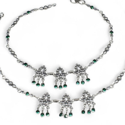 Peacock design jhanjhar 925 Sterling Silver Green white CZ Oxidised women Anklet Pair 10.5"