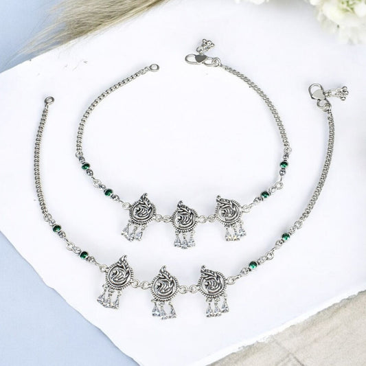 Traditional  925 Sterling Silver Green White CZ Oxidized Peacock design women payal Anklet Pair 10.3"