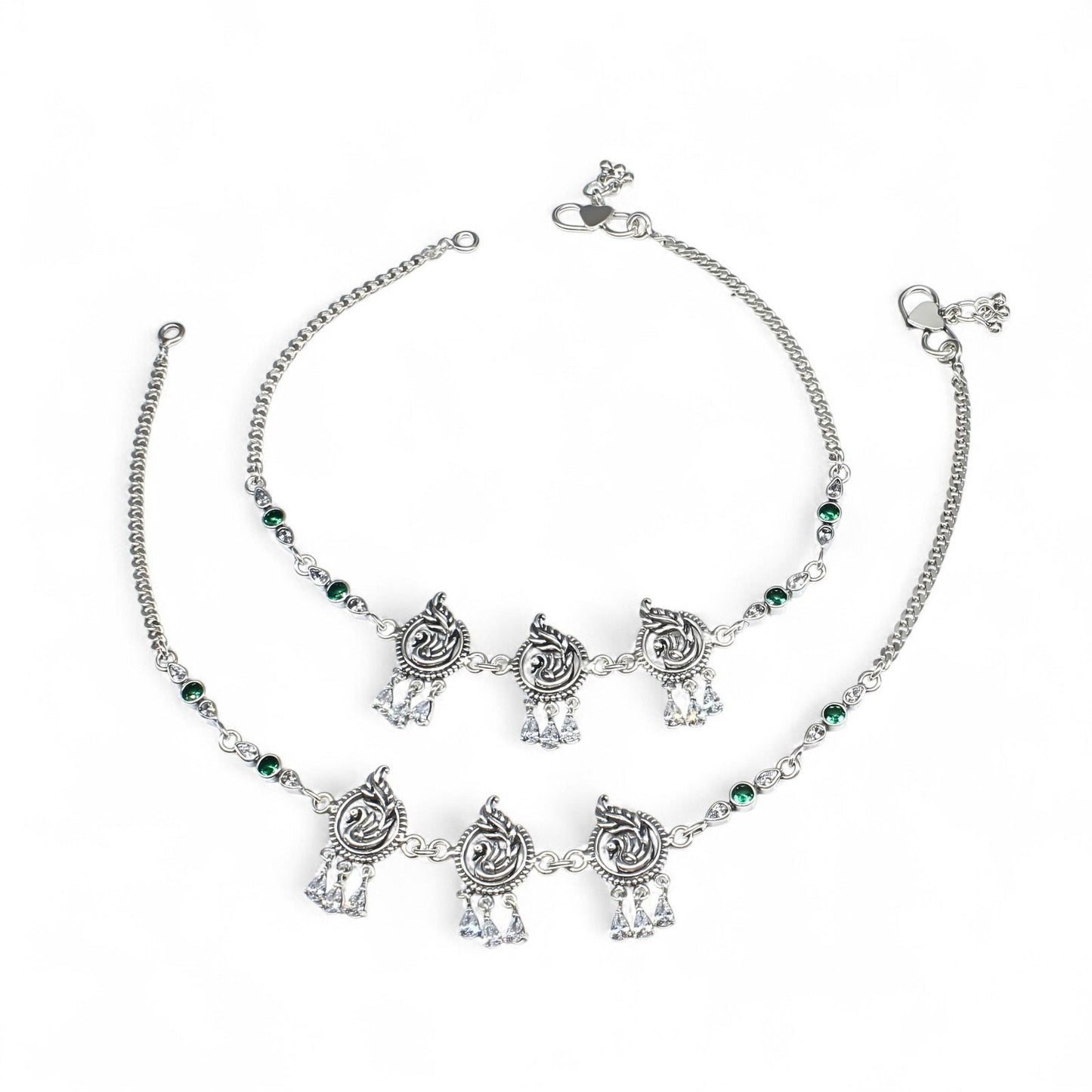 Traditional  925 Sterling Silver Green White CZ Oxidized Peacock design women payal Anklet Pair 10.3"