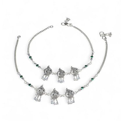 Traditional  925 Sterling Silver Green White CZ Oxidized Peacock design women payal Anklet Pair 10.3"