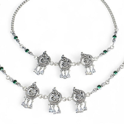 Traditional  925 Sterling Silver Green White CZ Oxidized Peacock design women payal Anklet Pair 10.3"