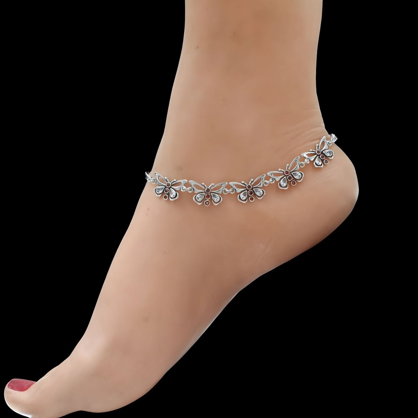 Cute 925 Sterling Silver orange white CZ Oxidized Elegant Butterfly women Anklet Pair 10.3"