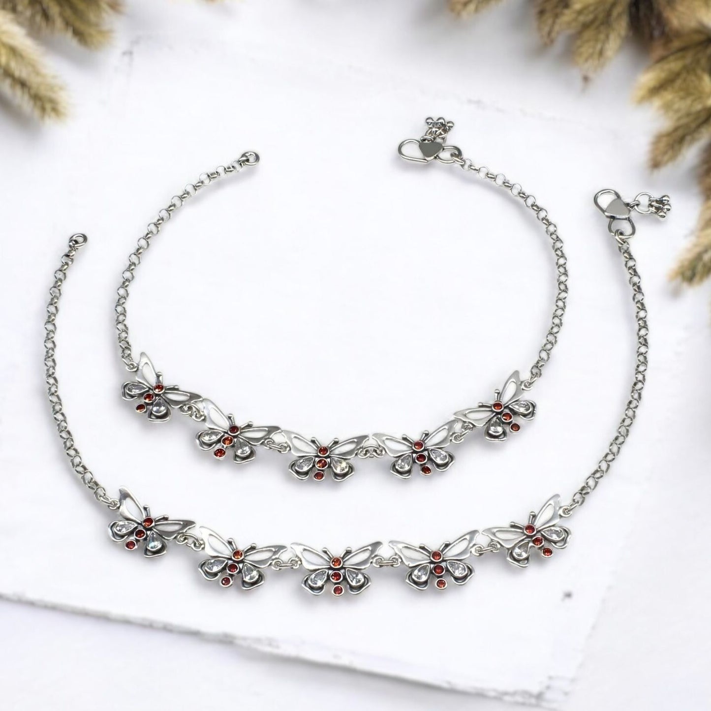 Cute 925 Sterling Silver orange white CZ Oxidized Elegant Butterfly women Anklet Pair 10.3"