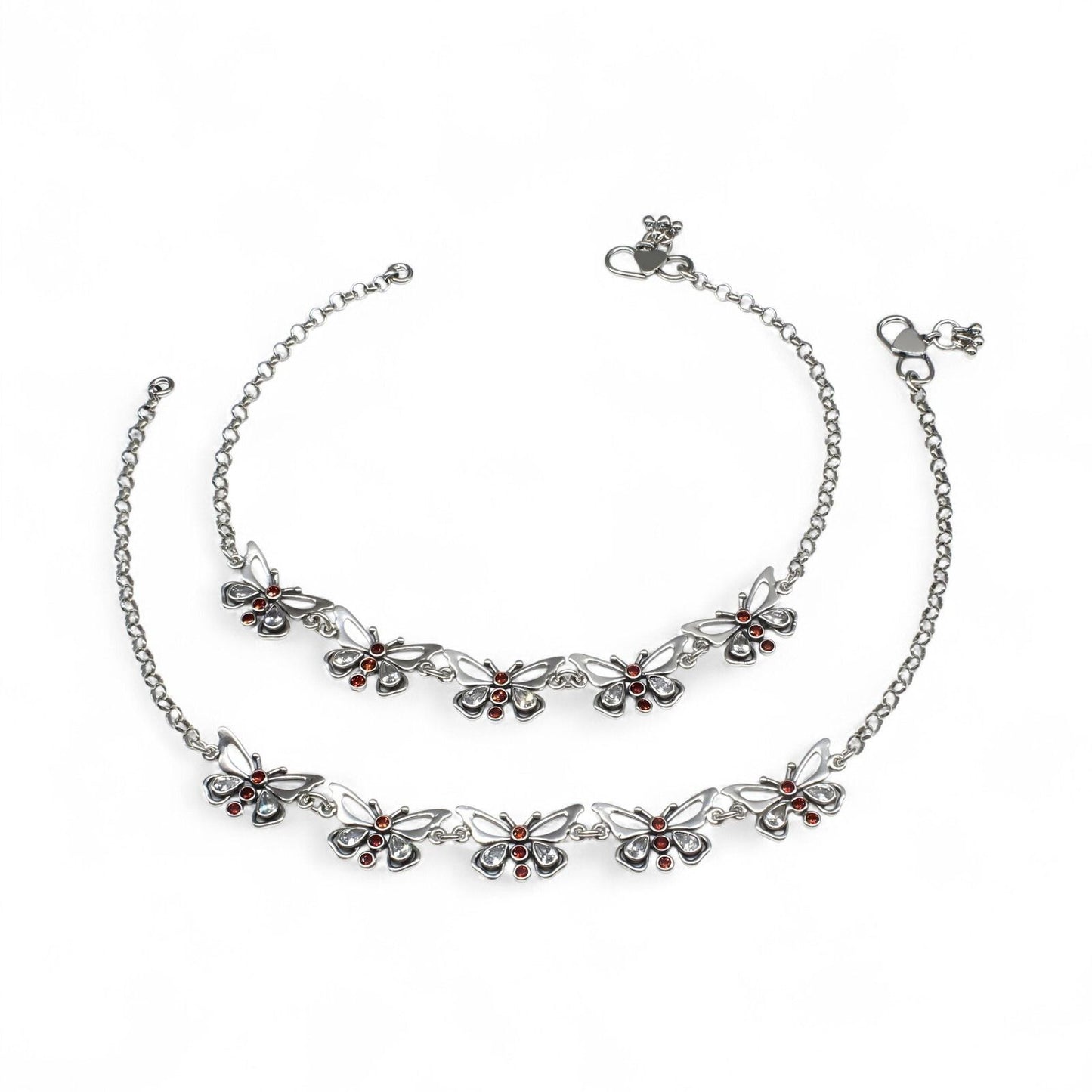Cute 925 Sterling Silver orange white CZ Oxidized Elegant Butterfly women Anklet Pair 10.3"