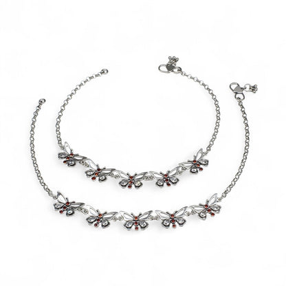 Cute 925 Sterling Silver orange white CZ Oxidized Elegant Butterfly women Anklet Pair 10.3"