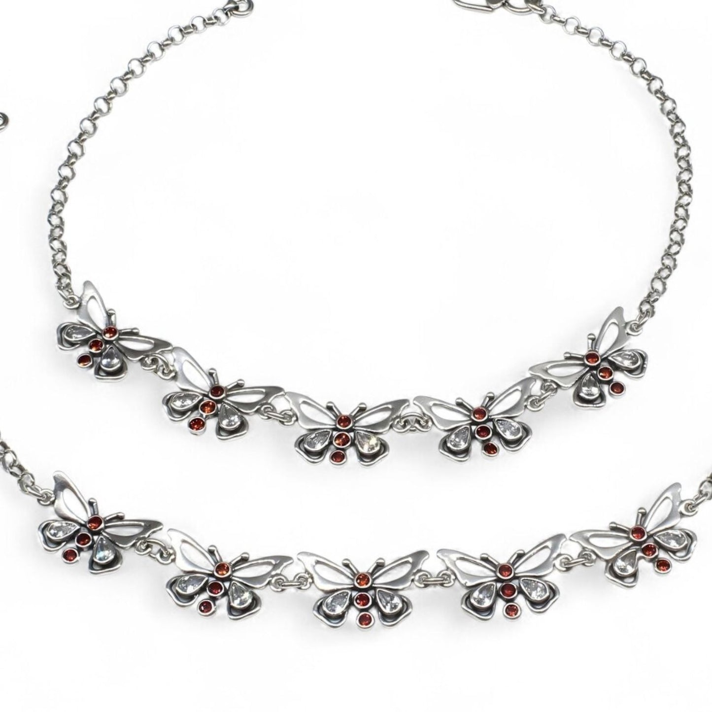 Cute 925 Sterling Silver orange white CZ Oxidized Elegant Butterfly women Anklet Pair 10.3"