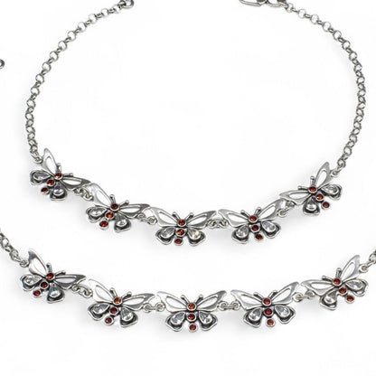 Cute 925 Sterling Silver orange white CZ Oxidized Elegant Butterfly women Anklet Pair 10.3"