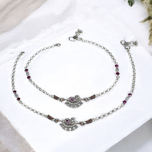925 Sterling Silver Multi CZ Oxidized peacock design women Anklet Pair 10.3"