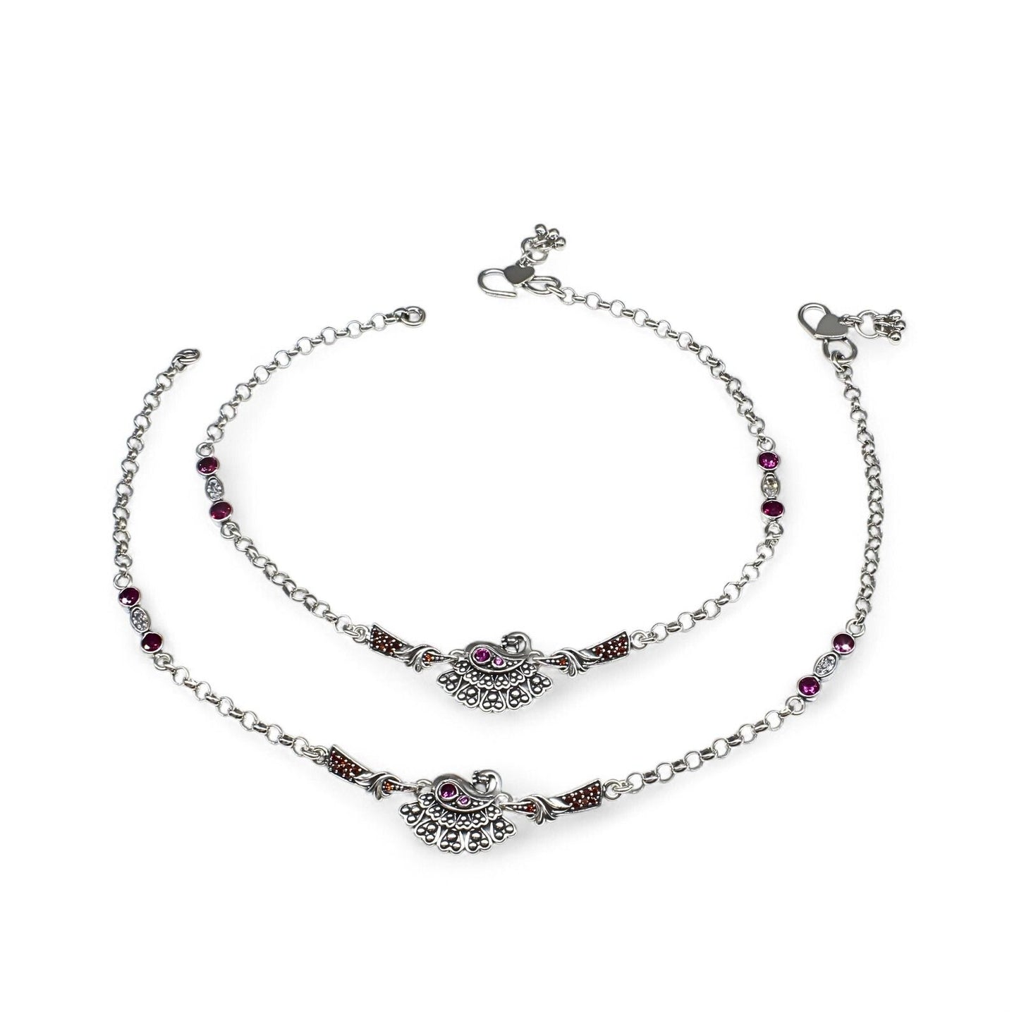 925 Sterling Silver Multi CZ Oxidized peacock design women Anklet Pair 10.3"