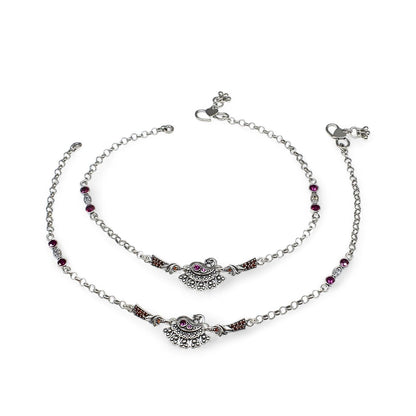 925 Sterling Silver Multi CZ Oxidized peacock design women Anklet Pair 10.3"
