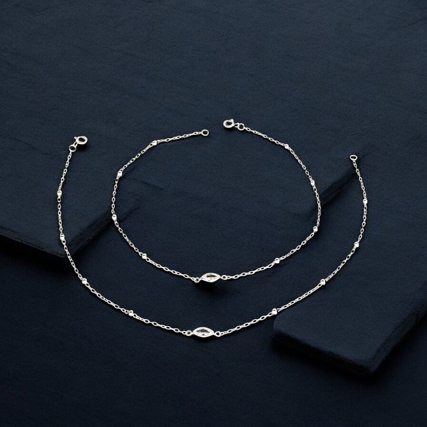 Dainty 925 Sterling Silver girlish small beaded White CZ Chain Anklet Pair 10.2"