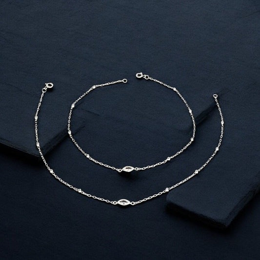 Dainty 925 Sterling Silver girlish small beaded White CZ Chain Anklet Pair 10.2"