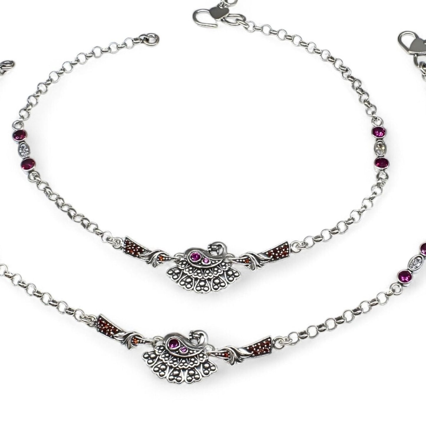 925 Sterling Silver Multi CZ Oxidized peacock design women Anklet Pair 10.3"