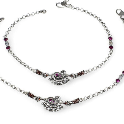925 Sterling Silver Multi CZ Oxidized peacock design women Anklet Pair 10.3"