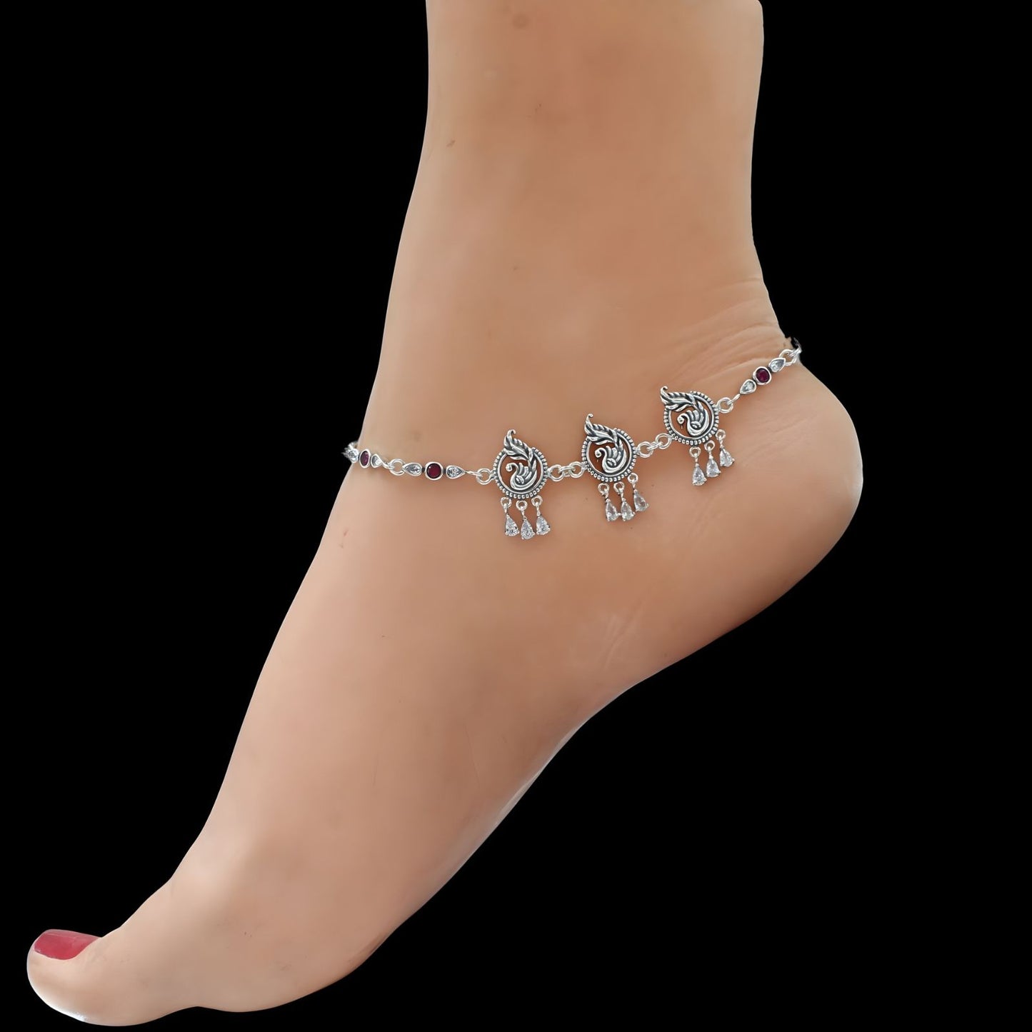Beach wear 925 Sterling Silver Pink White CZ Oxidized peacock design women Anklet Pair 10"