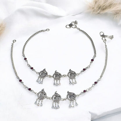 Beach wear 925 Sterling Silver Pink White CZ Oxidized peacock design women Anklet Pair 10"